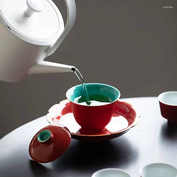 TeAware Sets Imperial Red Seramik Kapalı Kase Tek Çin Altın Kapak Seti ile Çay Yok Çay Çarpı