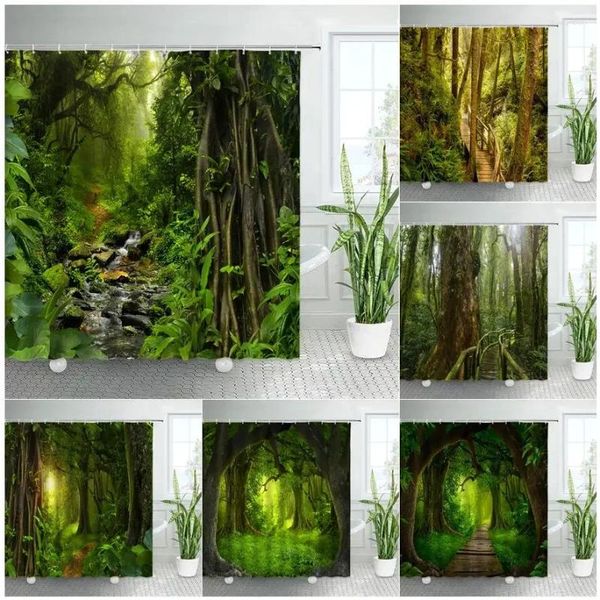 Cortinas de chuveiro floresta tropical floresta cortina plantas verdes árvores primavera cenário tecido poliéster decoração do banheiro ganchos banho