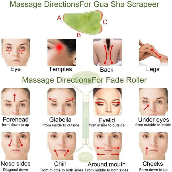 2024 Massageador facial natural Rollo de rosto Gua Sha Scraper cabeças duplas