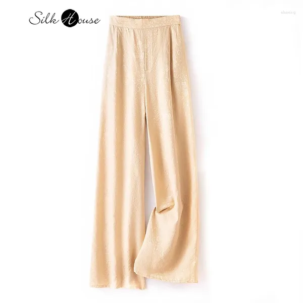 Pantaloni da donna 2024 Primavera Seta di gelso naturale Casual sciolto e artistico perforato a vita alta Champagne Gamba larga per le donne