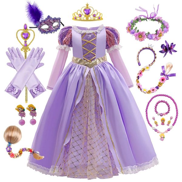 Criança rapunzel vestido para princesa menina emaranhado cosplay traje bebê halloween cosplay natal carnaval festa de aniversário fantasia 240323