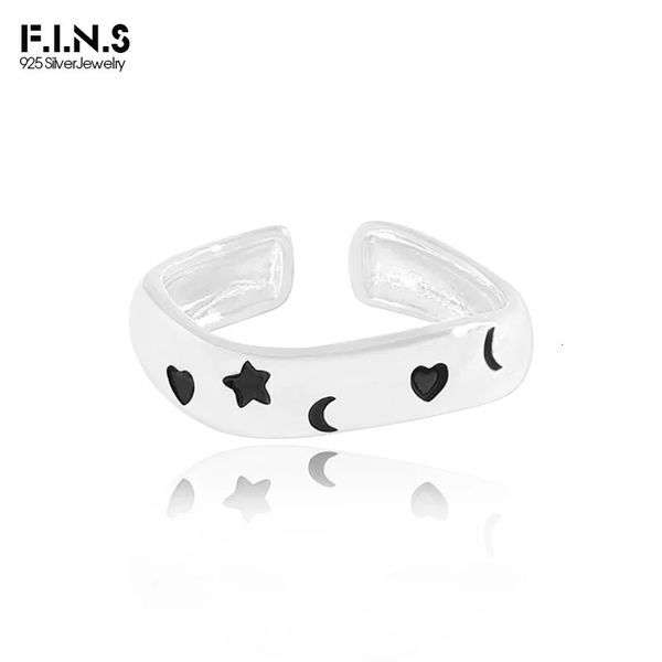 FINS Trendy S925 Sterling Silver Graffiti Star e Moon Heart Anello da donna impilabile aperto ridimensionabile Indice medio dito medio gioiello 240401