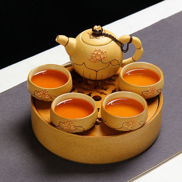 Crude Pottery Reise-Tee-Set, chinesische handbemalte Keramik, eine Kanne, vier Tassen, Büro, Zuhause, Balkon, Tee-Tablett, Kung-Fu-Tee-Set