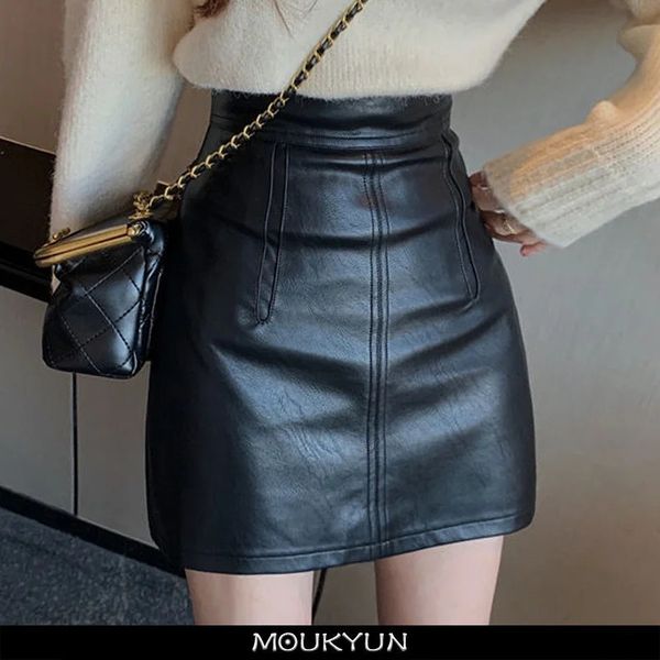 Moukyun sexy clube menina saias de couro preto feminino verão mini saia coreano moda cintura alta envoltório hip a linha saias curtas 240321