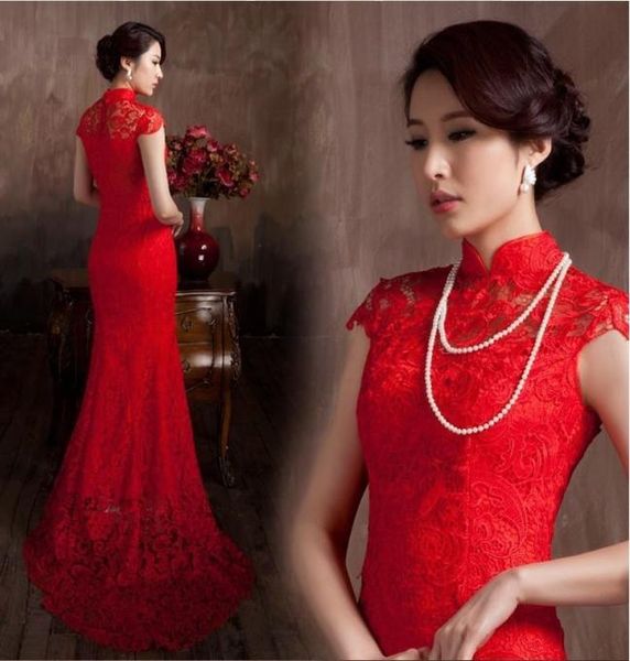 Abiti da sposa a sirena vintage Materiale di pizzo Colore rosso Abito da sposa tradizionale cinese di lusso Qipao Abiti da sposa a sirena Vestido6077097