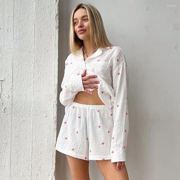 Startseite Kleidung 2024 Frühling Mode Liebe Druck frauen Pyjamas 2Pcs Set Casual Soft Wear Strickjacke Lange Ärmeln Shorts Damen Loungewear