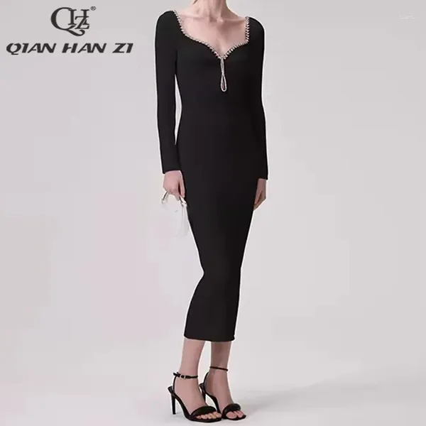 Sıradan elbiseler qhz sonbahar elmas zincir trim ince moda vintage örgü elbise fransız ünlü tarzı siyah sarılı kalça uzun