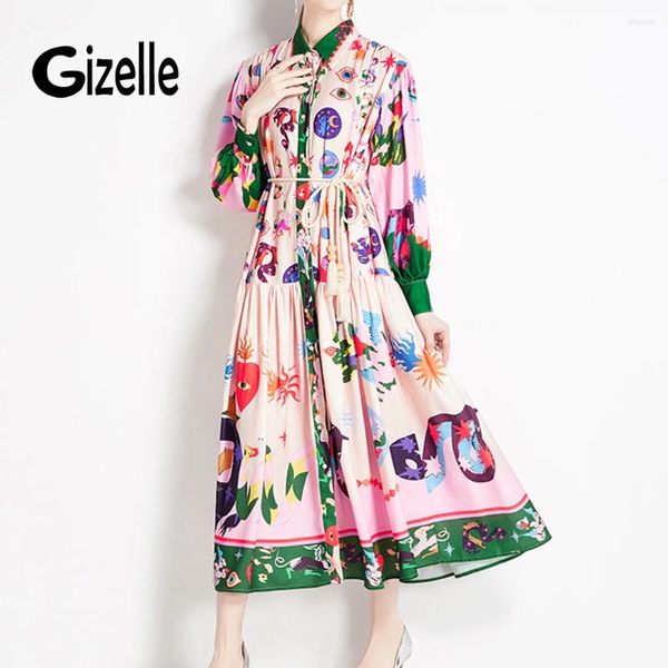 Casual Kleider Gizelle Frühling Herbst Farbe Drucken Kleid Für Frauen Revers Laterne Hülse Hohe Taille Spitze Up Weibliche Vintage Robe Z