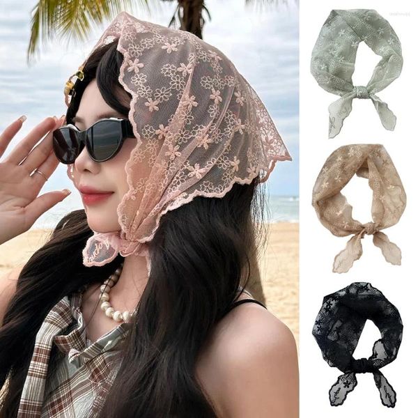 Шарфы Французский кружевной треугольный шарф, летние милые шелковые винтажные шарфы для девочек для мусульманских женщин, шифоновый хиджаб, аксессуары для волос