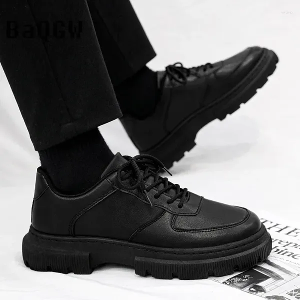Sapatos casuais de couro masculino trabalho ao ar livre escritório andando plataforma confortável impermeável rendas cor sólida versátil