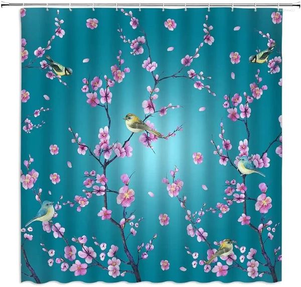 Chuveiro cortinas japonesas flores de cerejeira floral aquarela rosa roxo flores ramo de pássaro decoração chinesa conjunto de banheiro com ganchos