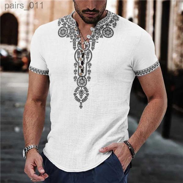 Herren lässige Hemden Leisure Kurzarm gegen Nackenknopf T-Shirts Männer Frühling Sommermodische Patchwork Muster Print Tops Herren Kleidung Casual Shirts 240402