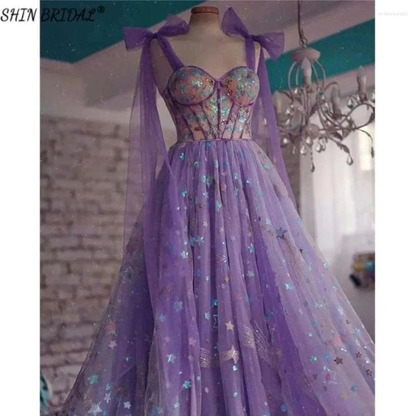 Vestidos de festa shin nupcial uma linha espaguete cintas glitter noite para mulheres sparkly querida vestido de baile roxo tule casamento