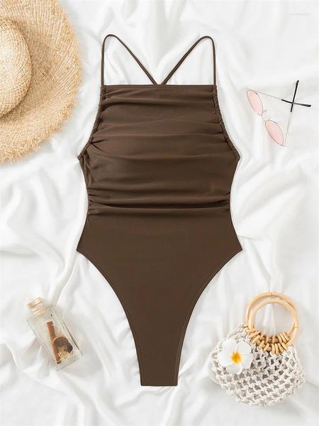 Damenbadebekleidung Einteiliger Badeanzug Frauen Lace Up 2024 Feste Schlinge Sexy Monokini Bodysuit Badeanzug für weibliche Sommer Strandkleidung