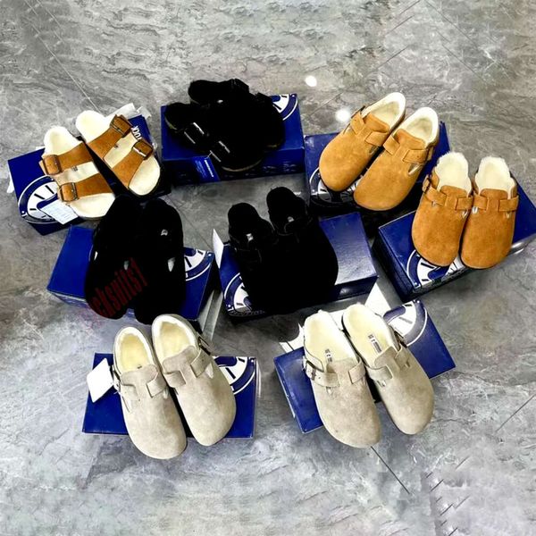 2024 Scarpe da donna piatte casual Sandali con plateau Designer Pelle scamosciata Zoccoli Slider Uomo Bambino Lady Tazz Pelliccia Sandalo da interno Scivolo in gomma Boston Pantofola estiva Mulo