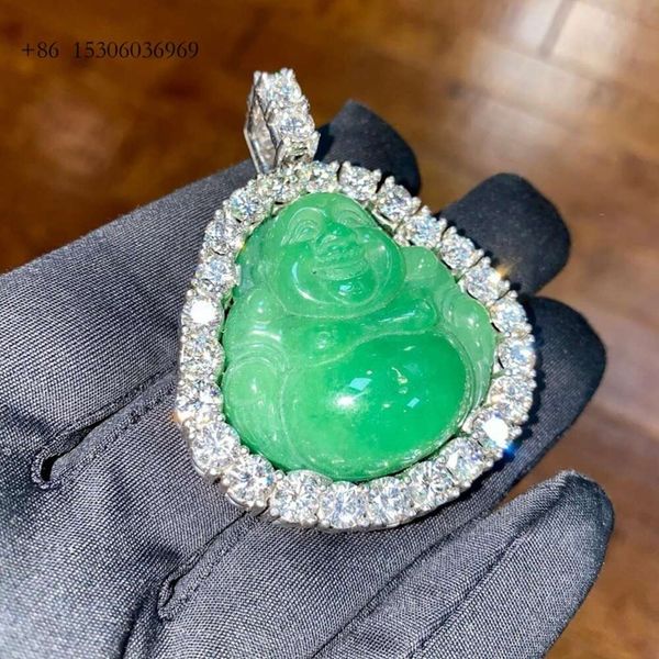 Sterling Silber Moissanit Lachende vergoldete Jade-Buddha-Anhänger-Halskette für Mann und Frau