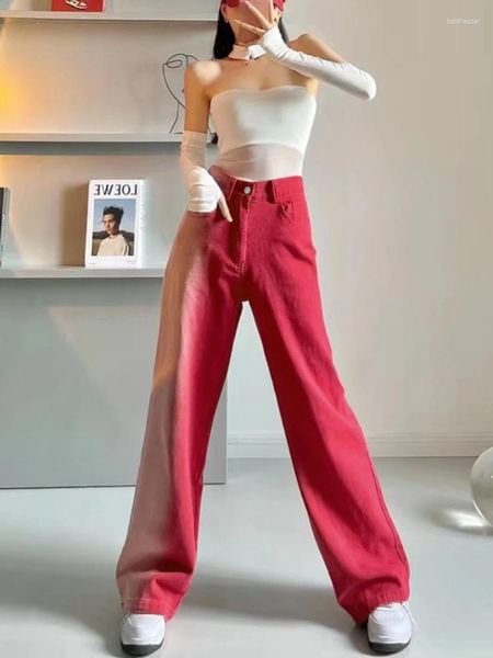 Jeans da donna ADAgirl Pantaloni larghi in denim rosso Y2k Streetwear Colore sfumato Vita alta per le donne Moda coreana Dritto lungo