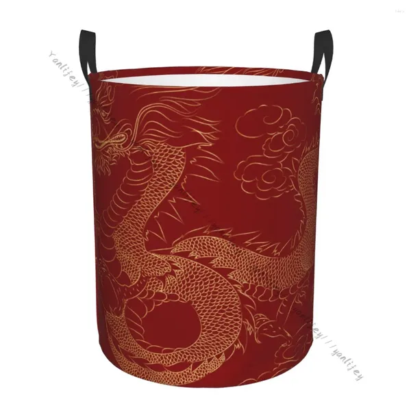 Sacos de lavanderia Cesta de banheiro Dragão dourado no fundo vermelho dobrável roupas sujas cesto de armazenamento doméstico