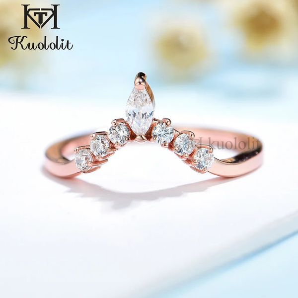 Kuololit 585 14K 10K Anel Marquise em Ouro Rosa para Mulheres Solitaire Combinando V Band Casamento Noivado Casal 240402