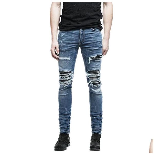 Mens Jeans Homens Moda Esigner Rasgado Biker Morreu Moto Denim Corredores Destruídos Joelho Preto Couro Plissado Patch Drop Delivery Vestuário C Dhkgp