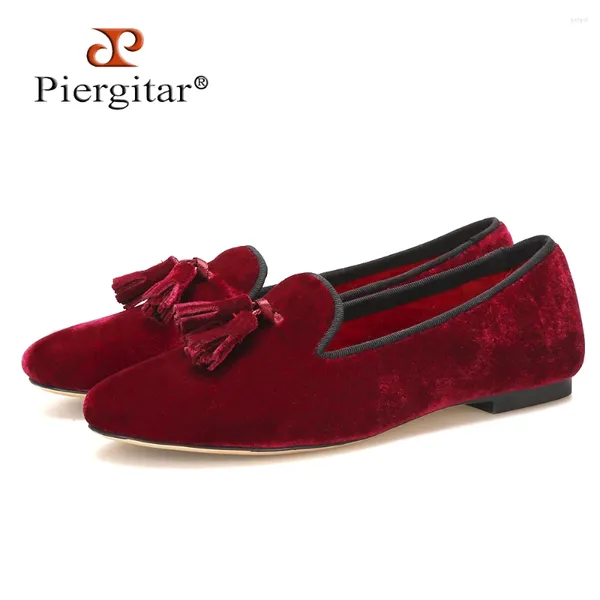 Повседневная обувь Piergitar, женские бархатные туфли ручной работы с кисточками винно-красного цвета и вечерние лоферы, модельные туфли на плоской подошве