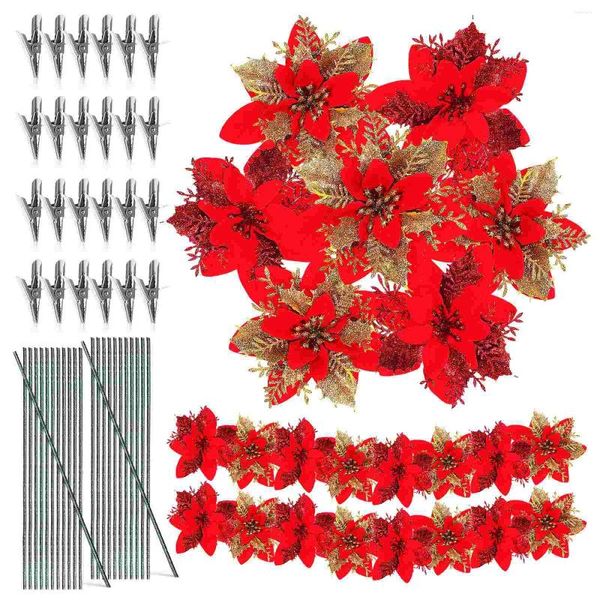Fiori decorativi 24 pezzi Accessori per ghirlande di cipolla verde natalizia Clip di fiori artificiali Artigianato Decorazioni per l'albero Poinsettia Pole