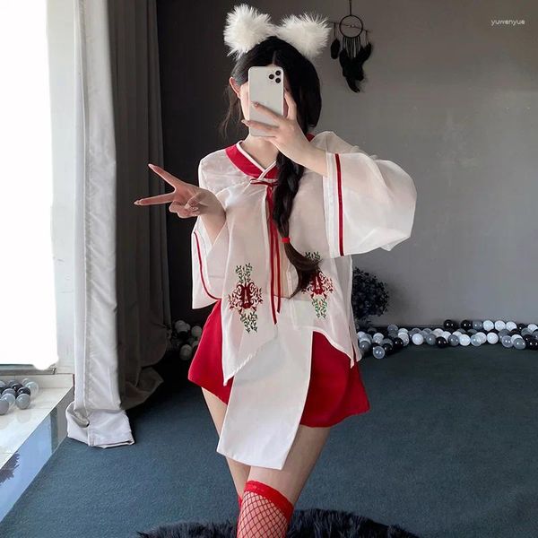 Roupas étnicas Japonês Sexy Chiffon Bordado Kimono Uniforme Tentação Mulheres Eróticas Roupa Interior Terno Cosplay Top Saia Calcinha Roupas