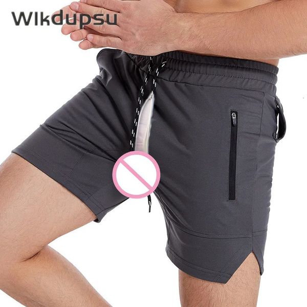 Estate sexy invisibile doppia cerniera pantaloni con apertura sul cavallo marca calcio pantaloncini da basket homme palestra tasca abbigliamento uomo 240325