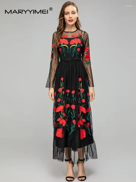 Vestidos casuais maryyimei moda runway vestido primavera verão mulheres preto vintage cintura alta ponto fio floral bordado longo