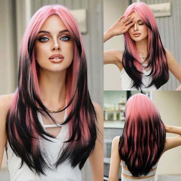 Perücken Namm Fluffy Lavendel Synthetic Pink Perücken für Frauen täglich Cosplay neuer Trend mittlerer Teil welliger Schwarz Schwarz Perücken Hitzeblaste