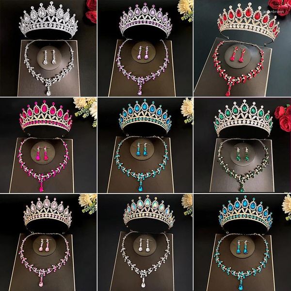 Headpieces 3 pçs/set barroco cristal nupcial jóias strass tiaras coroa colar brinco para noiva feminino conjunto de casamento presente