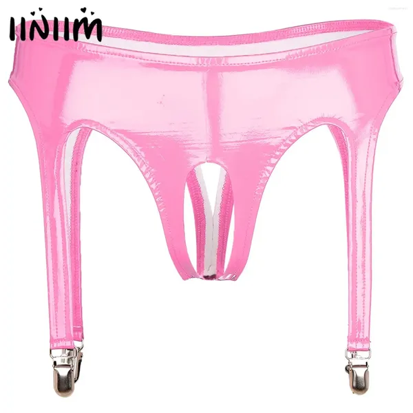 Calcinha feminina sexy mulheres brilhantes patente couro crotchless briefs roupa interior com clipes de liga de metal aberto virilha tanga lingerie clubwear