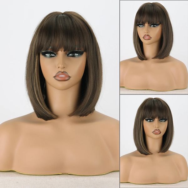 Perucas marrom curto com franja natural wig lolita diariamente perucas para mulheres de boa qualidade perucas sintéticas cosplay