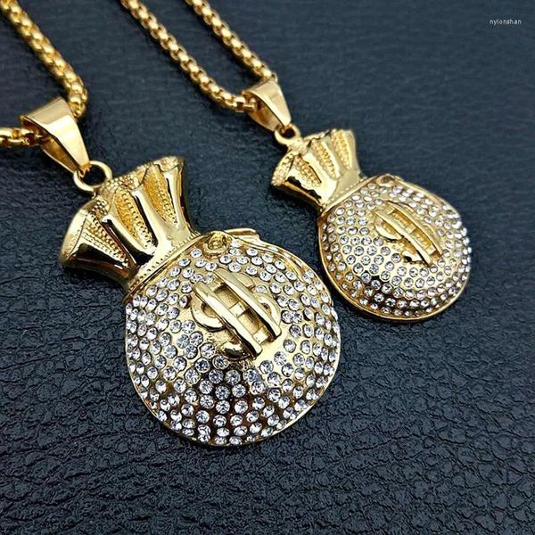 Colares Pingente Hip Hop Bling Iced Out Cor de Ouro 316L Aço Inoxidável Euro Dólares Saco de Dinheiro Pingentes Colar Para Homens Rapper Jewerly