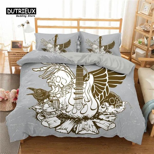 Set di biancheria da letto Set copripiumino per chitarra vintage Tema musicale 2/3 pezzi per bambini Adolescenti adulti Federa in microfibra stampata