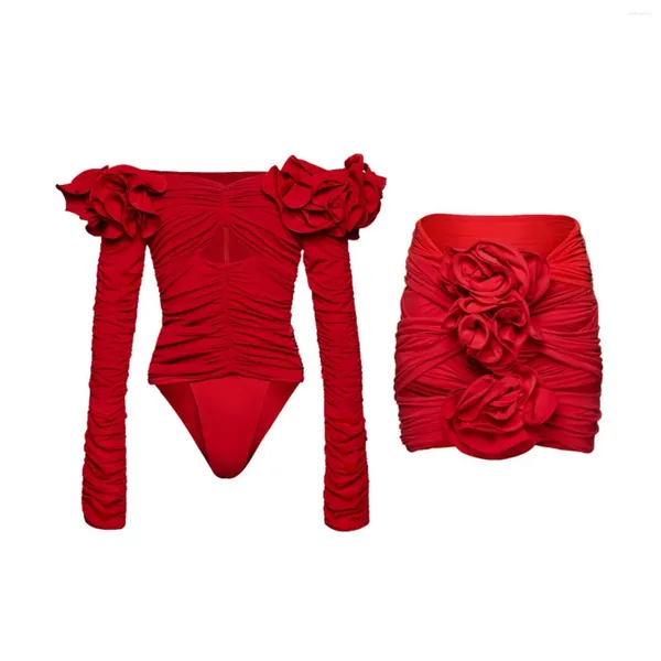 Costumi da bagno da donna 2024 Costume da bagno intero con fiore rosso 3D da donna con gonna da spiaggia Costume da bagno Beachwear Monokini Swim Summer