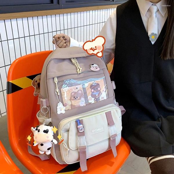 Школьные сумки, модные повседневные японские корейские женские милые рюкзаки контрастного цвета, нейлоновый рюкзак с несколькими карманами, большая вместительная дорожная школьная сумка со значком