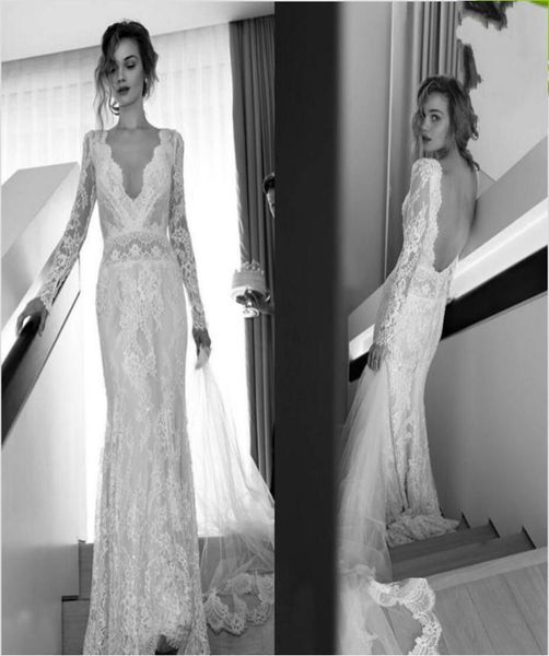 Abiti da sposa sexy in pizzo a maniche lunghe Lihi Hod Abiti da sposa con guaina con scollo a V profondo Abito da sposa aderente senza schienale Custom Made Vint5345761