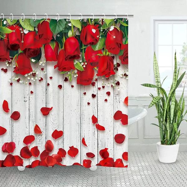 Tende da doccia Tenda con rosa rossa Fiori naturali Foglie verdi Petalo San Valentino Decorazioni per il bagno Tessuto in poliestere Ragazza Donna Regalo Ganci