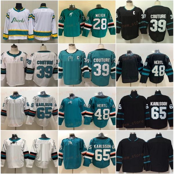 Мужские хоккейные майки 39 Logan Couture 65 Эрик Карлссон 48 Tomas Hertl Teal Black 28 Timo Meier Jersey Мужские сшитые рубашки S-XXXL C Patch