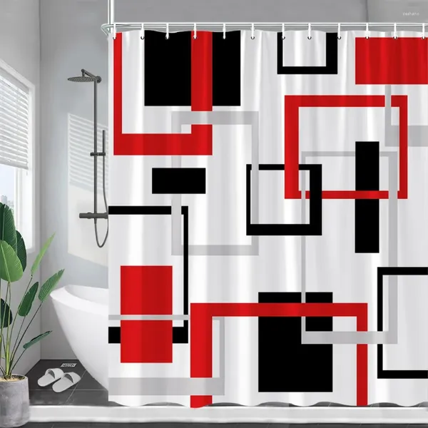 Duş Perdeleri Yaratıcı Geometrik Kırmızı Siyah Gri Çizgi Sanat Deseni Modern Minimalist Polyester Kumaş Banyo Dekoru Kancalar