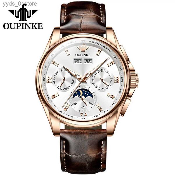 Наручные часы OUPINKE 3189 Лучший бренд класса люкс для мужчин Chronogrh Автоматический механический наручный кожаный ремешок Водонепроницаемые часы с фазой Луны L240402