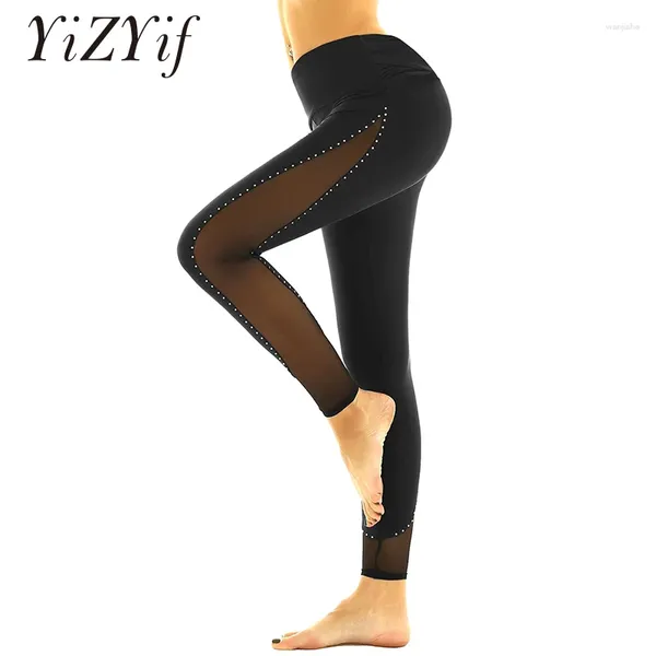 Damen-Hosen, Damen-Fitness-Leggings, hohe Taille, Netz-Spleiß, Seite, glänzende Strasssteine, dünne Tanz-, Workout-, Tanzbekleidung