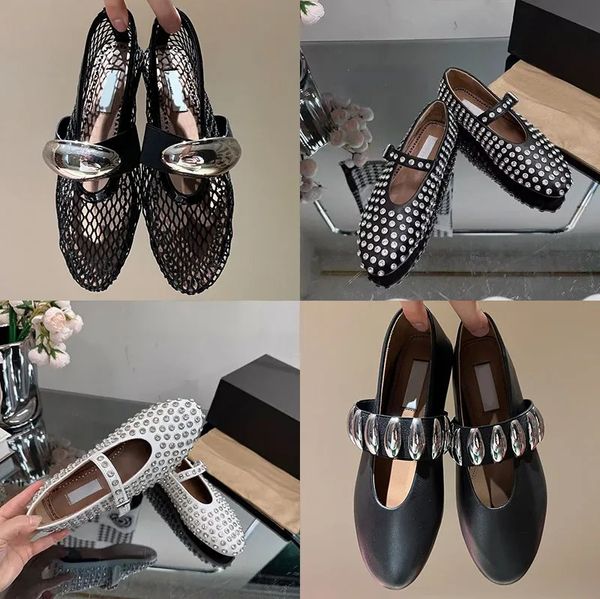 Designer-Luxusschuhe für Damen, Ballerinas, ausgehöhlte Mesh-Sandale, Pantoletten, runder Kopf, Strass, Nietenschnalle, Mary Jane-Schuhe aus echtem Leder, Slipper, zum Anziehen