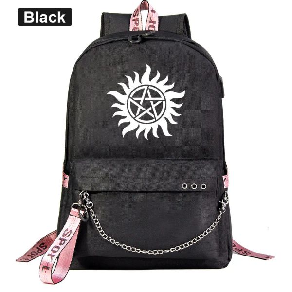 Backpacks Anime Supernatural SPN Evil Backpack Schulbuchbeutel Travel Jungen Mädchen Laptop Kopfhörer USB Port Daily Mochila