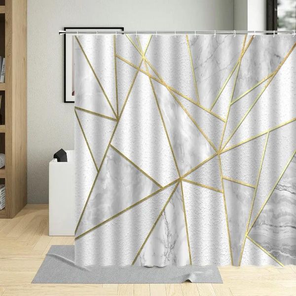 Duschvorhänge Nordeuropa Weißer Marmorvorhang Dreiecksdruck Wasserdichter Badezimmer-Badewannenschirm mit Haken Polyester