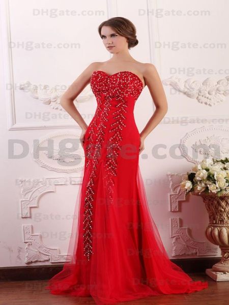 2015 Sexy Vermelho Uma Linha Querida Vestidos de Baile Tule Frisado Lantejoulas Corpete Vestidos de Noite dhyz 015508553