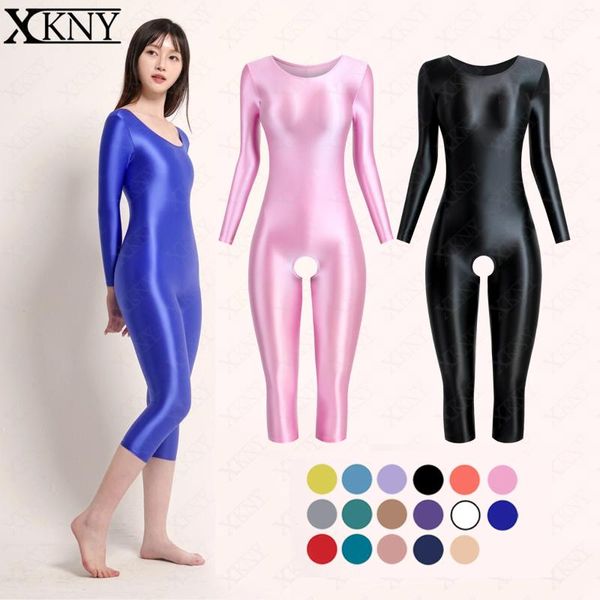 Roupa de banho feminina xckny cetim collants óleo de seda brilhante bodysuit manga comprida calças de sete pontos pode abrir virilha yoga fitness terno de natação