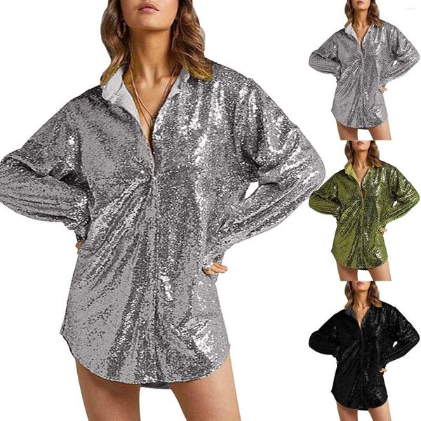 Camicette da donna Camicia con paillettes da donna Camicetta da donna lucida glitterata Cappotto con risvolto a maniche lunghe 2024 Capispalla casual primaverile Top Party Night Clubwear