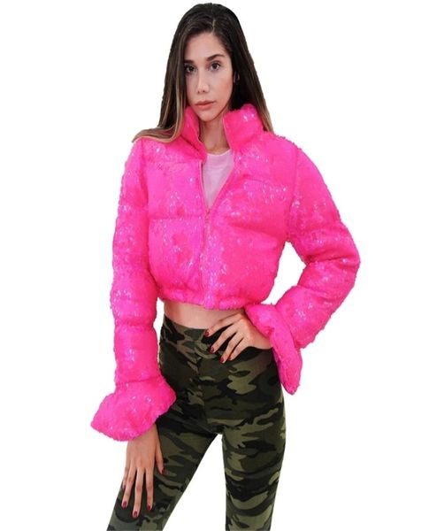 Cortada puffer jaqueta rosa lantejoulas sino manga parka bolha casaco inverno outono feminino xl xxl 2109272244899